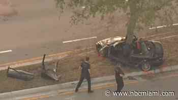 Driver Hospitalized After Crash Leaves Car Wrapped Around Tree in Margate