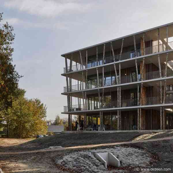 Tree trunks animate facade of demountable Forest Bath housing in Eindhoven