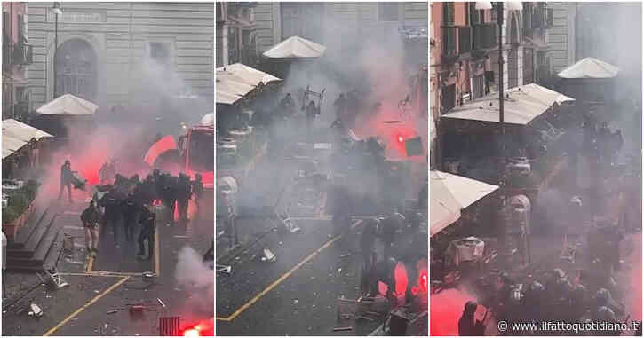 Napoli-Eintracht, l’assalto dei tifosi tedeschi con sedie e tavolini: gli agenti costretti a indietreggiare – Video