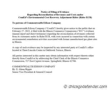 Public Notice: Notice of Filing of Evidence Regarding Reconciliation of Revenues and Costs under ComEd’s Environmental Cost Recovery Adjustment Rider
