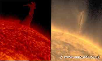 Moment a colossal 74,500-mile-high 'solar tornado' swirls on the sun's surface is captured by NASA
