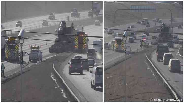 Semi-truck crashes into bridge, closing lanes of Deerfoot Trail