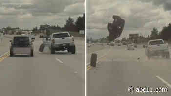 Wild video shows tire shooting off truck on Los Angeles freeway; sends vehicle flying into air