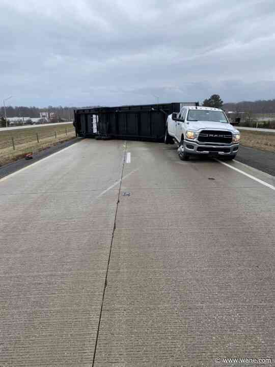 Camper tips over on I-69, sustains heavy damage