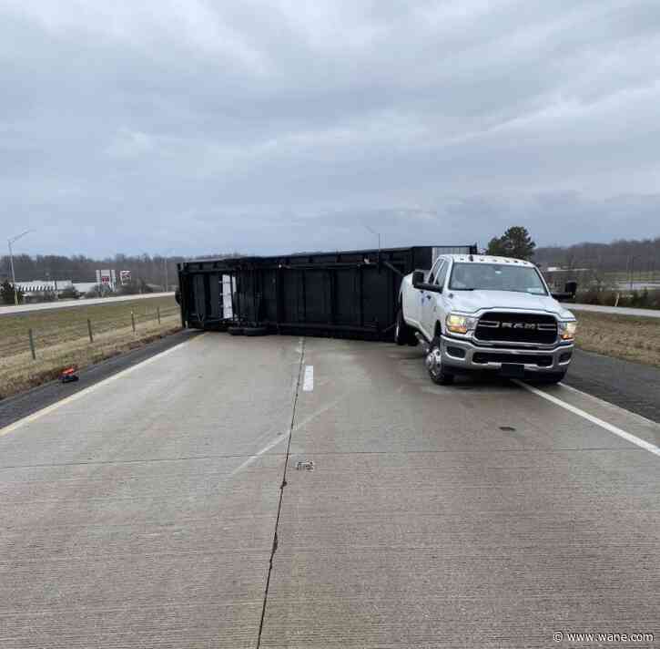 Camper tips over on I-69 in DeKalb County, sustains heavy damage