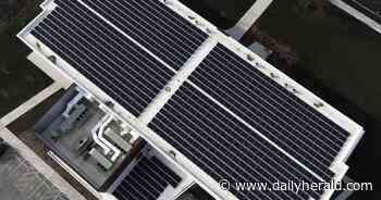 Suburban Skyview: Hundreds of solar panels atop Techny Prairie Activity Center in Northbrook