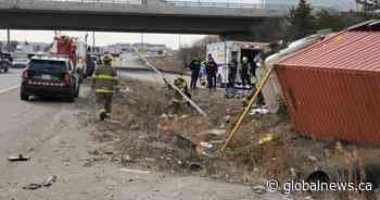 2 people taken to hospital after transport truck rollover in Brampton