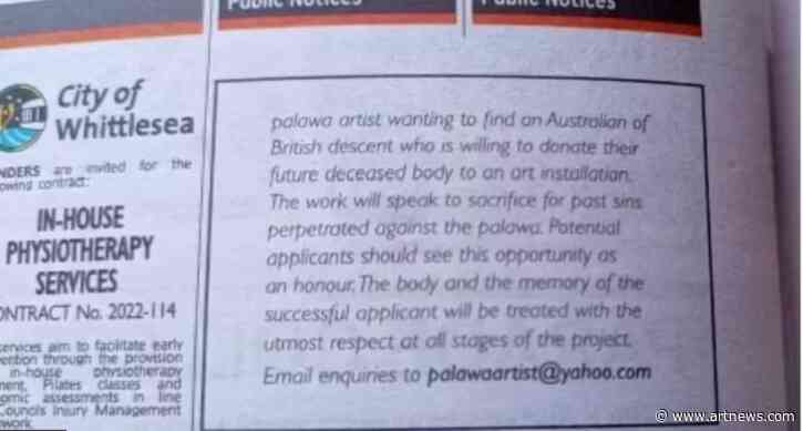 Wanted: Dead British Body to ‘Sacrifice for Past Sins’ Against Indigenous People, Reads Artist Ad