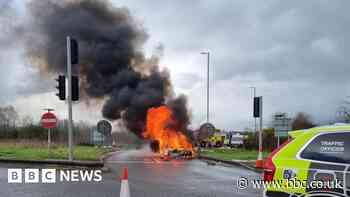 Wiltshire M4 slip road closed as car catches fire