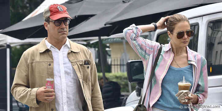 Jon Hamm & Fiancee Anna Osceola Grab a Drink While Running Errands