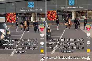 Andrew Garfield and Florence Pugh spotted at Blackfen Co-op