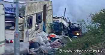 Caravan completely destroyed in blaze as black smoke plumes above M32