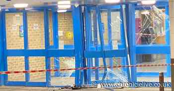 Picture shows damage to doors at Sunderland Royal Hospital after being hit by car