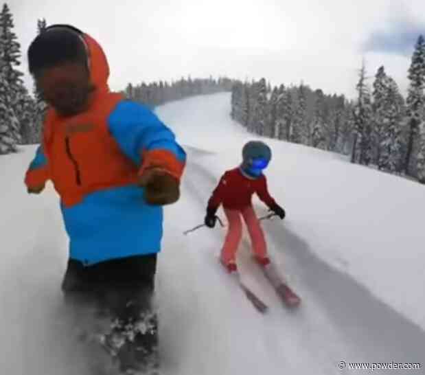 Kids Wipeout As Snowboarder Attempts To Pass Them In 60 Inches Of Powder
