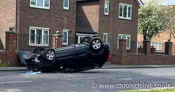 Driver escapes with minor injuries after becoming trapped in overturned car in Blyth