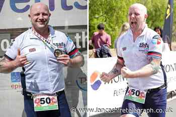 Moment Lancashire cancer survivor completes gruelling triathlon