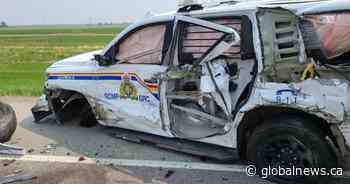 Semi slams into RCMP unit during southern Alta. highway traffic stop, officer relatively unscathed