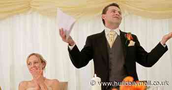 Groom outs cheating bride and best man at wedding speeches with photographs in envelops for guests