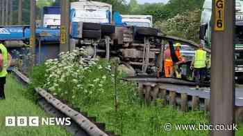Driver injured on A63 as lorry collides with two cars and overturns