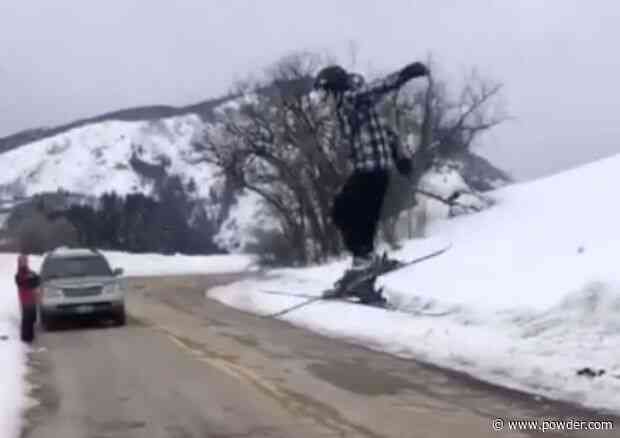 Teenager Doesn't Have Enough Speed To Ski Jump Across Road