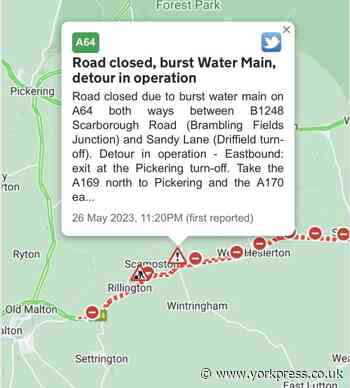 A64 closed both ways near Rillington for repairs to burst water main