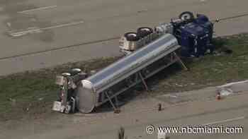 Loaded Gas Tanker Overturns on I-595 Causing Road Closures, Impacting Traffic