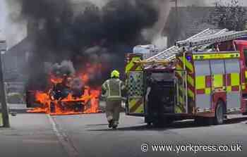 WATCH: Dramatic footage shows car engulfed by flames in York today
