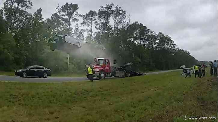 WATCH: Car soars through the air after hitting tow truck ramp on Georgia highway