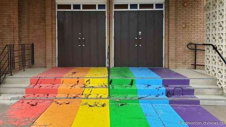 'I was gutted': Rainbow sidewalk in front of central Alberta church vandalized