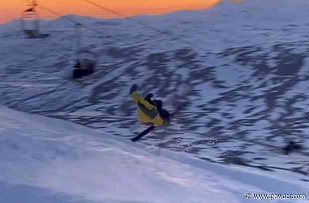 Skier Launches Off Jump Under The Beautiful Midnight Sun