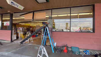 Police looking for suspects after crashing stolen truck into Rite Aid in Lindsay