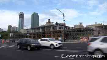 Giant grandstands across from Buckingham Fountain for NASCAR Chicago Street Race begin to take shape