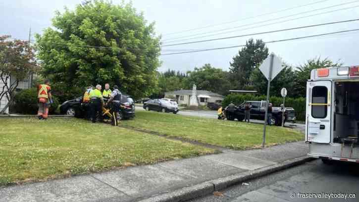 Two-vehicle accident propels car into front yard of home near downtown Chilliwack Friday