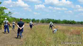 Outside a flooded Ukrainian city, specialists warily sweep the ground for hidden bombs