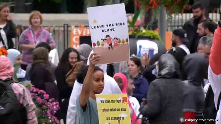 Protesters rally against Pride Month activities at Calgary schools
