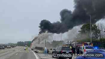 I-64 East closed for hours in Newport News when tractor-trailer overturned, ignited in flames