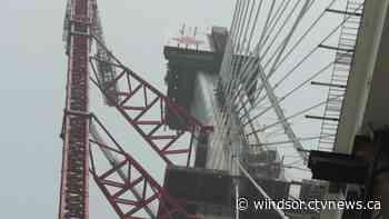 Cable stays begin to fan out at Gordie Howe Bridge