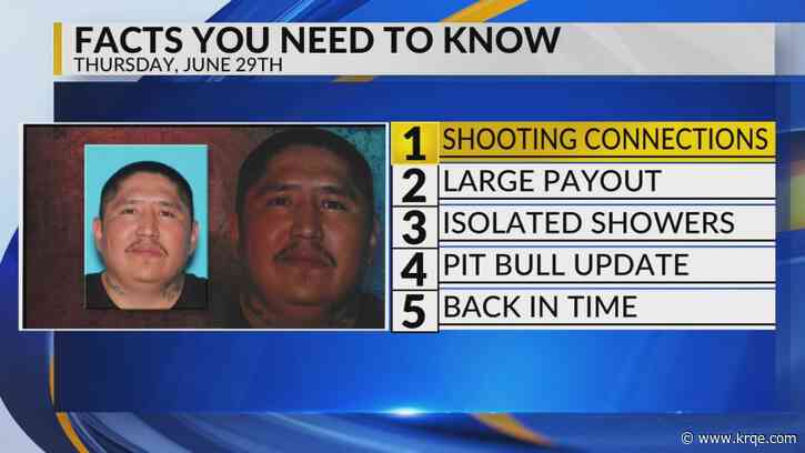 KRQE Newsfeed: Shooting connections, Large settlement, Isolated showers, Rescued dogs update, Back in time