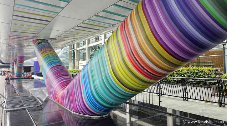 Canary Wharf walkway covered in bright leggings