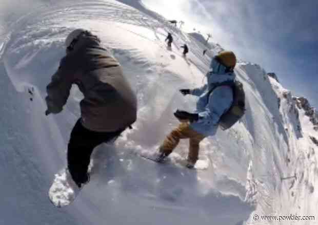 Snowboarder Laughs Hysterically As Friends Accidentally Launch Off Cliff