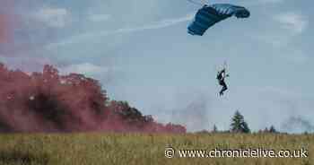 Groom and groomsmen skydive into wedding at Langley Castle in Northumberland - and break a record