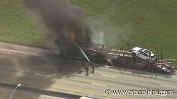 Firefighters battle blaze on car carrier trailer on Turnpike in Hollywood