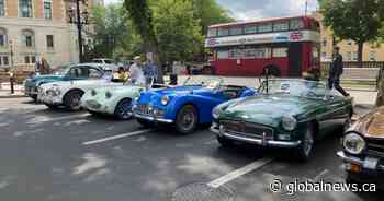 British-made classic vehicles showcased in front of Saskatoon hotel