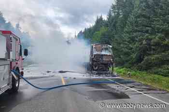 Bus catches fire on Hwy 16, stranding tourists; B.C. firefighters respond