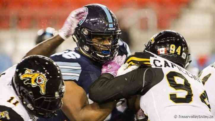 Offensive tackle Cage to miss Argos game with Ticats due to thigh injury