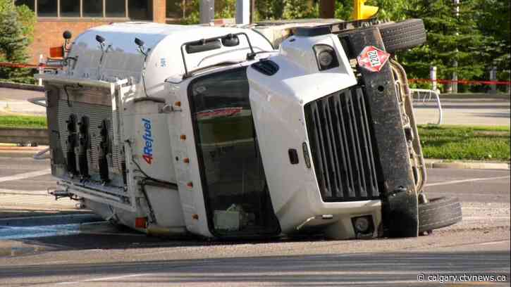 Fuel truck rolls, spills diesel into storm drain in northeast Calgary