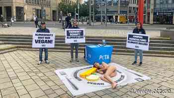 Umweltprotest mit nackter Frau am Jenaer Holzmarkt