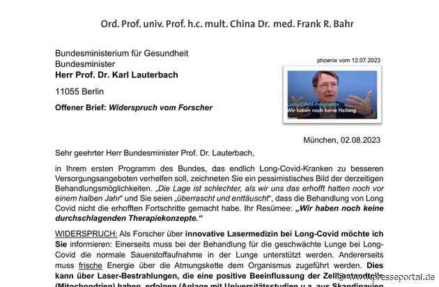 Offener Brief: Prof. Dr. Frank Bahr aus München widerspricht Bundesgesundheitsminister Prof. Karl Lauterbach. Lasermedizin von BMG-Expertenteam noch nicht berücksichtigt
