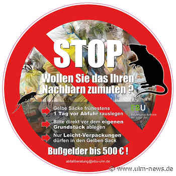 Bio- und Restabfall im Verpackungsmüll und Gelbe Säcke auf Straßen in Ulm - Verursachern drohen 500 Euro Geldbuße