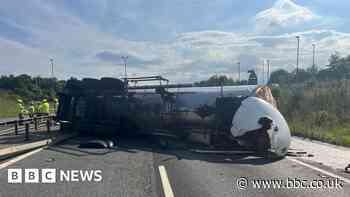 Lorry carrying vegetable oil overturned on M11 motorway